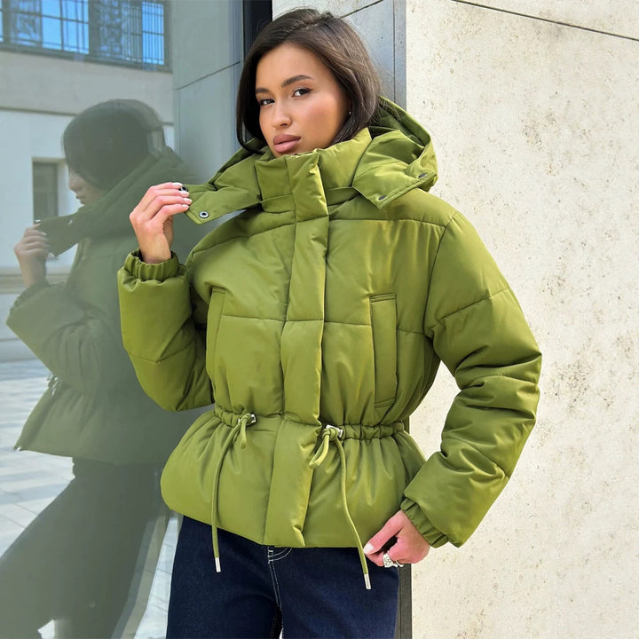 Women’s short padded hooded jacket with waist drawstring and high stand-up collar Mune Fashion