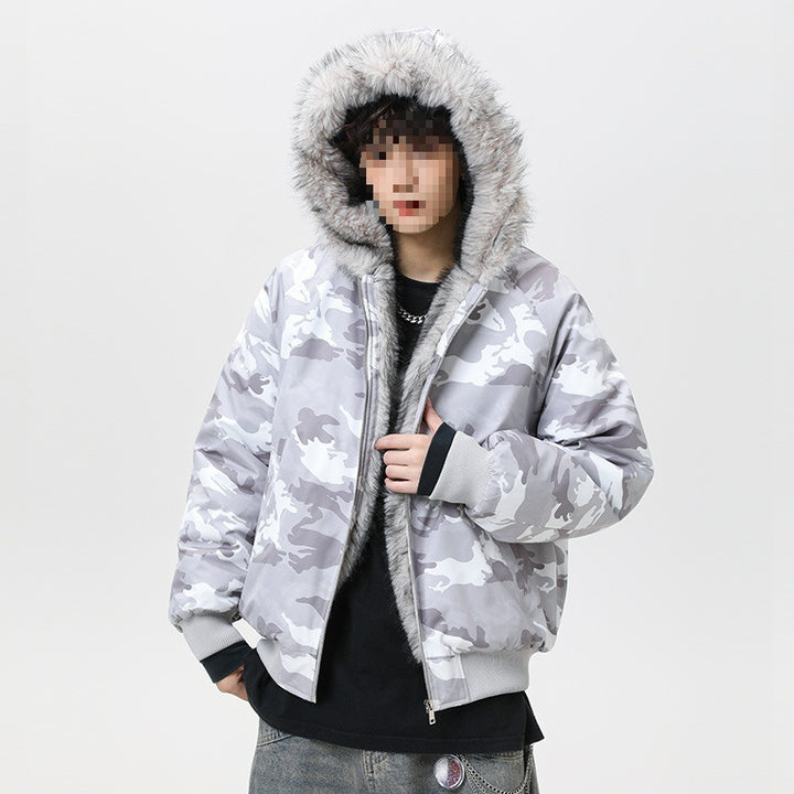 Men's quilted hooded bomber jacket in oversized look with contrasting faux fur lining Mune Fashion