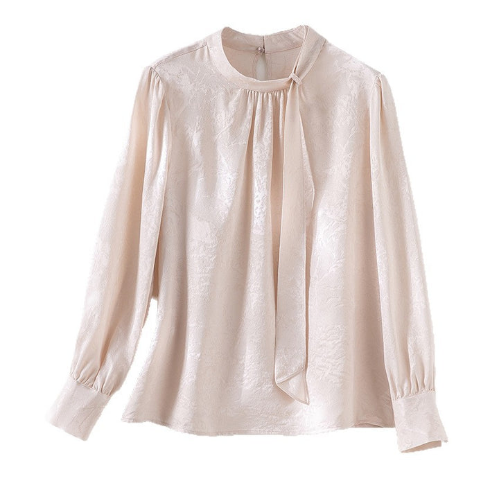 Women Elegant Satin Blouse with Knot and Fine Jacquard Structure Mune Fashion