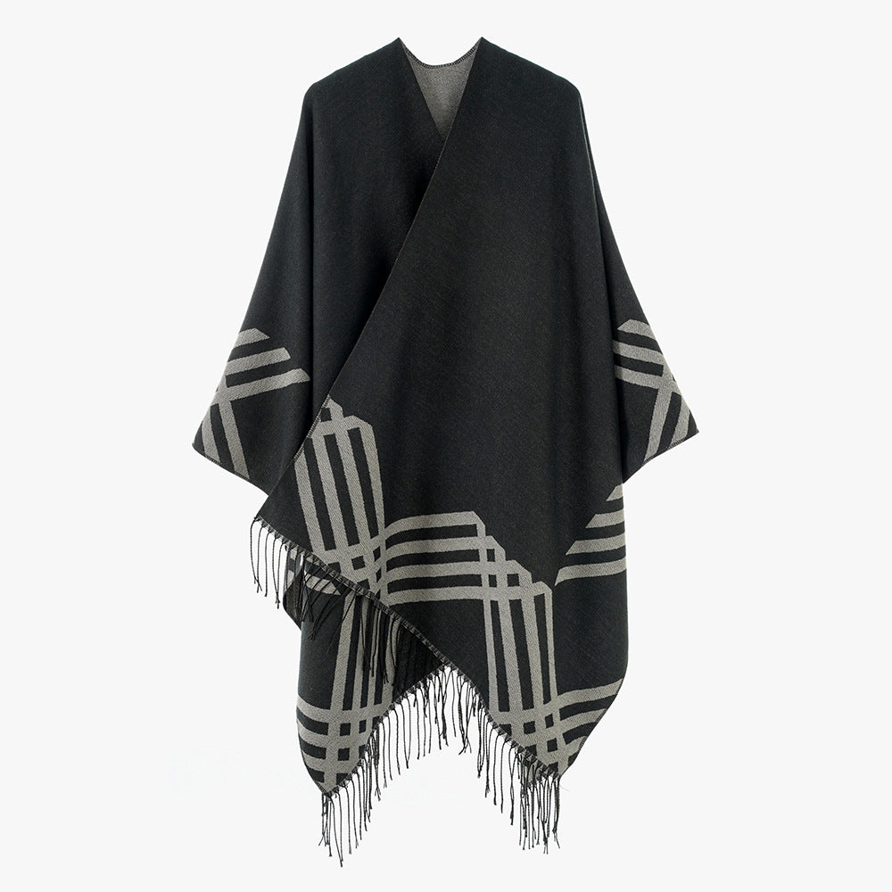 Women's Wool Blend Ruana in Rectangular Cut with Graphic Stripe Jacquard and Fringes