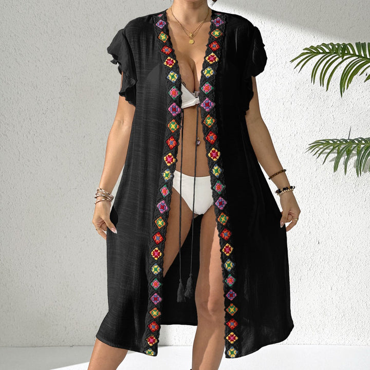 Women's casual beach cover-up with colorful crochet appliqués Mune Fashion