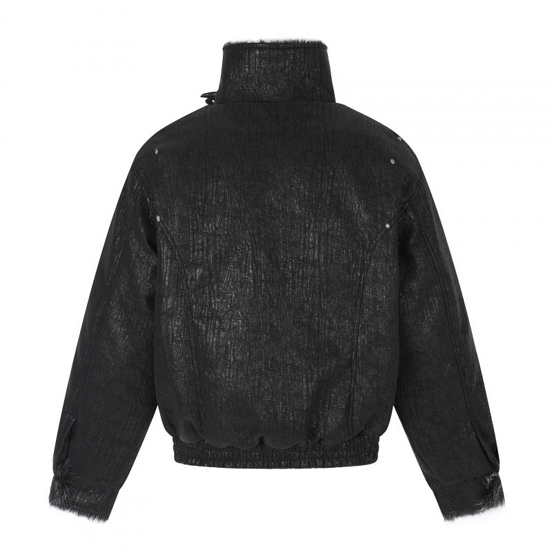 Men's Short Biker-Inspired Faux Leather Bomber Jacket with Studs, Double Buckle Collar and Teddy Lining Mune Fashion