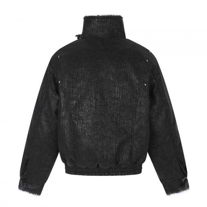 Men's Short Biker-Inspired Faux Leather Bomber Jacket with Studs, Double Buckle Collar and Teddy Lining Mune Fashion