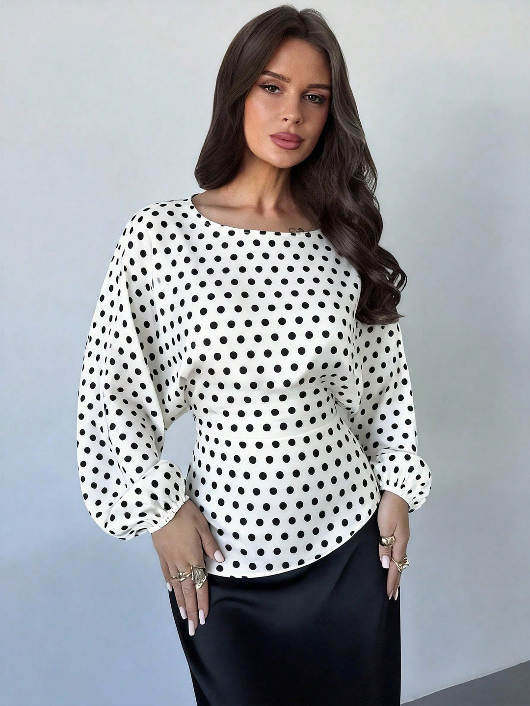 Women's Polka-Dot Satin Blouse with Balloon Sleeves and Wide Round Neckline Mune Fashion