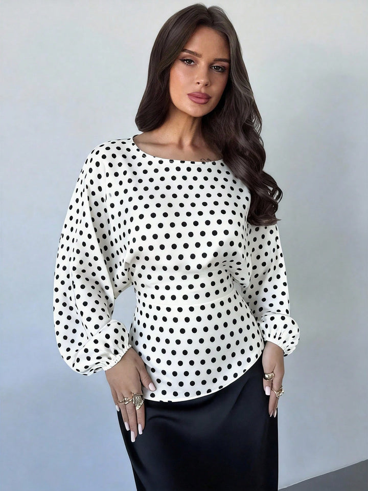 Women's Polka-Dot Satin Blouse with Balloon Sleeves and Wide Round Neckline Mune Fashion