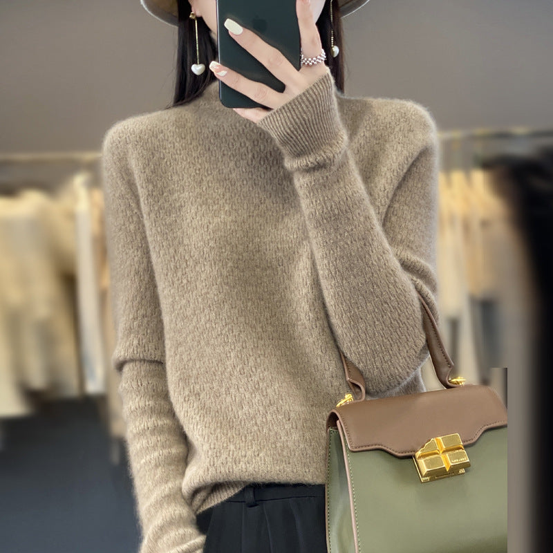 Women's soft fine-knit mock neck sweater with fluffy mohair look, delicate honeycomb structure and casual oversized fit Mune Fashion