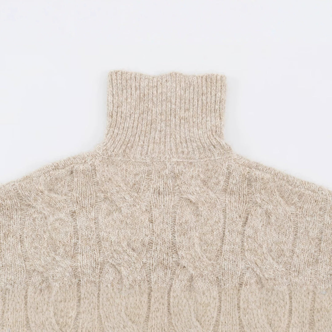 Women's Chunky Knit Long Sweater with Cable Pattern and Half-High Zip Collar Mune Fashion
