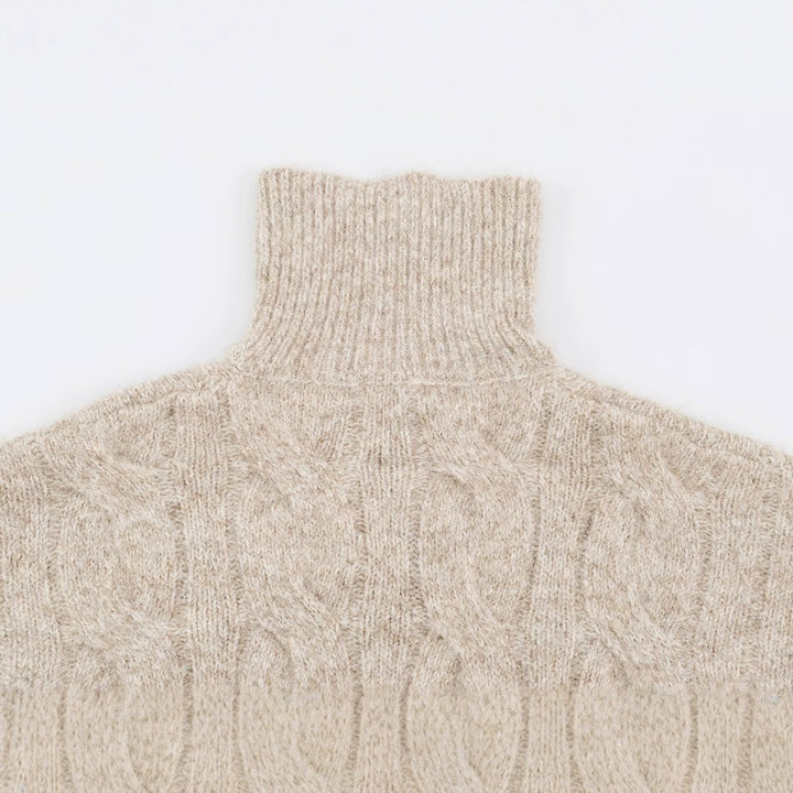 Women's Chunky Knit Long Sweater with Cable Pattern and Half-High Zip Collar Mune Fashion