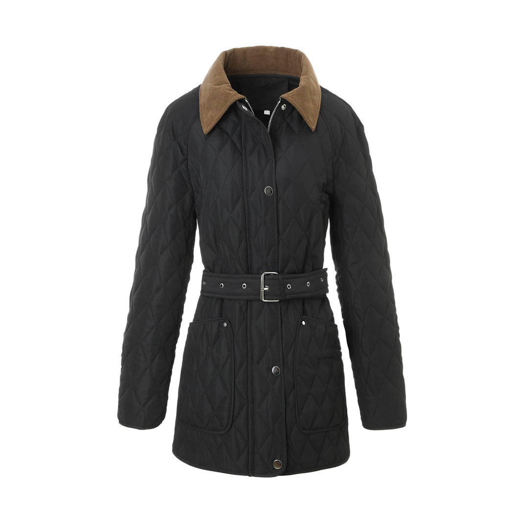 Women Long Padded Jacket-Coat with Tailored Belt and Contrast Cord Collar Mune Fashion