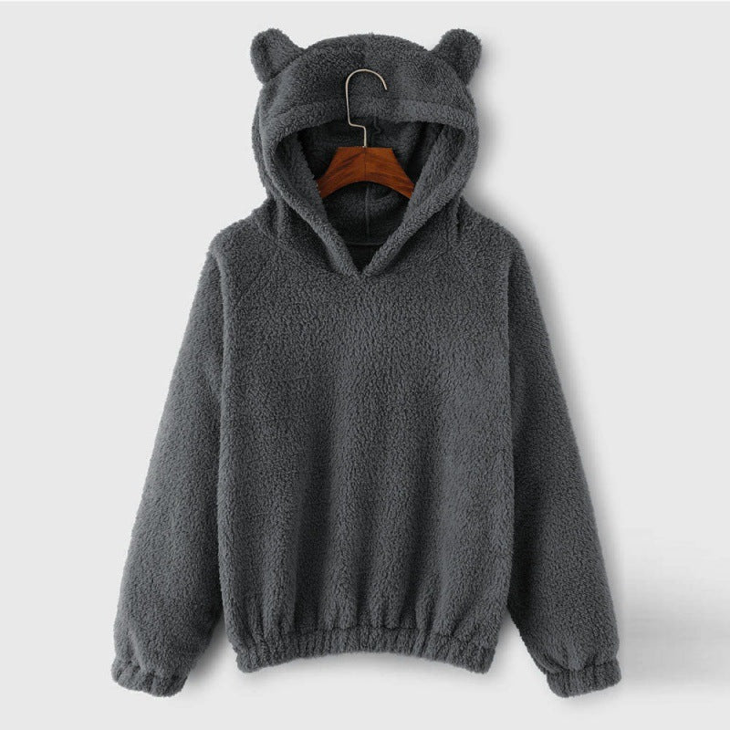 Women's Cozy Teddy Hooded Sweater with Bear Ears and Drawstring Hem Mune Fashion