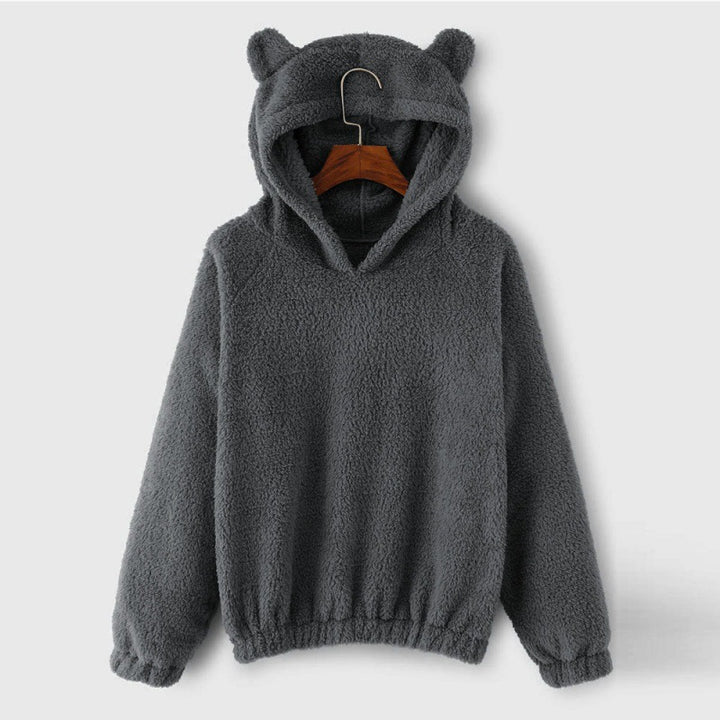 Women's Cozy Teddy Hooded Sweater with Bear Ears and Drawstring Hem Mune Fashion