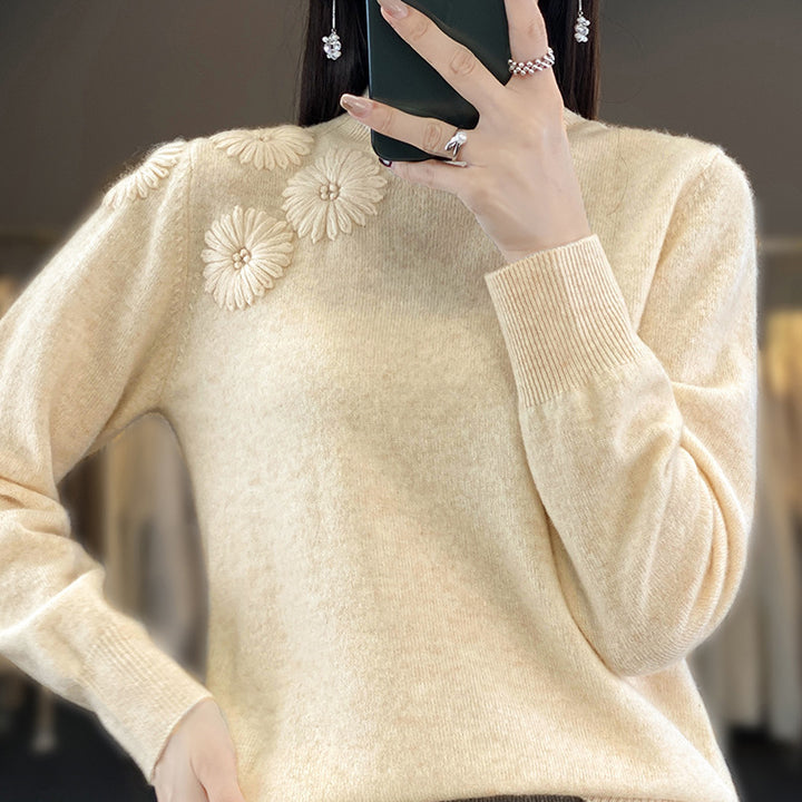 Women Soft Fine Knit Sweater with Short Stand-Up Collar, 3D Flower Application and Ribbed Cuffs Mune Fashion