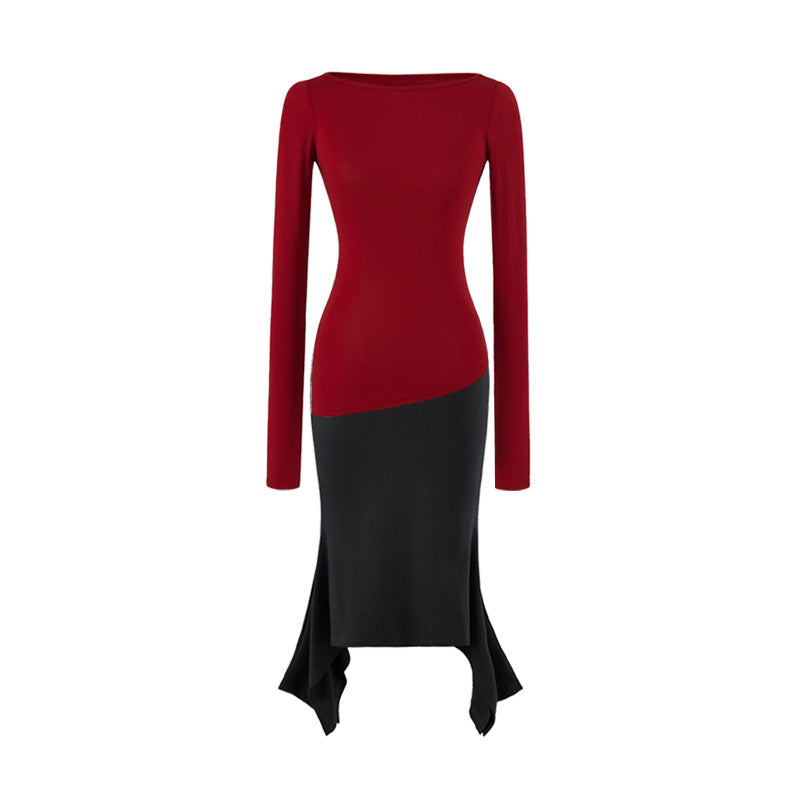 Women Figure-Hugging Midi Dress with Asymmetrical Hem and Panel Design Mune Fashion
