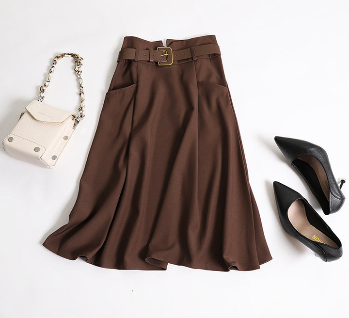 Women's high-waisted flared midi skirt with wide decorative belt, side pockets and flowing drape Mune Fashion