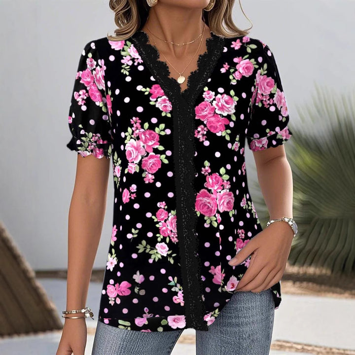 Ladies V-neck blouse with lace trim, puff sleeves and floral dot pattern Mune Fashion