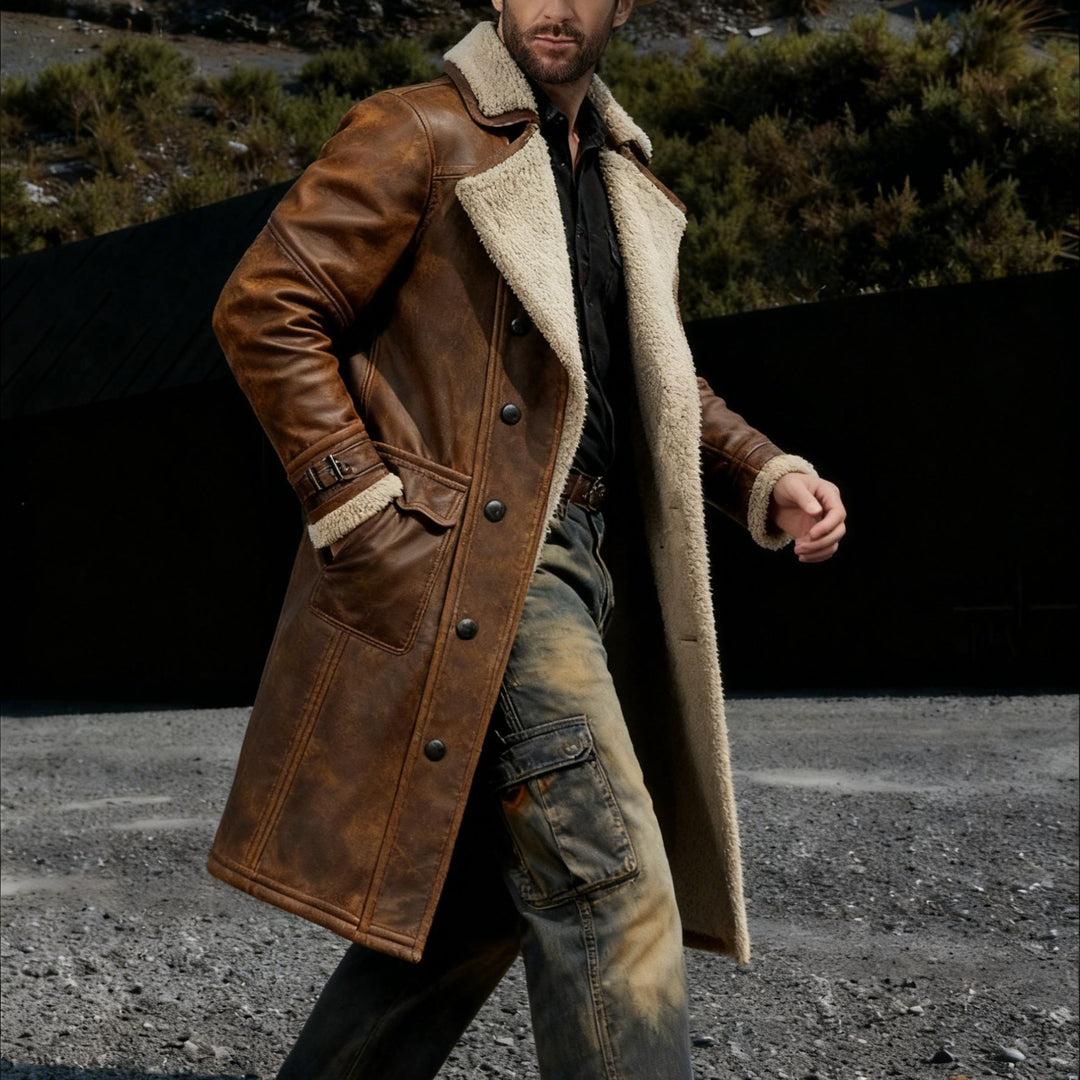 Men's Long Vintage Faux Leather Coat with Teddy Lining and Adjustable Buckle Cuffs Mune Fashion