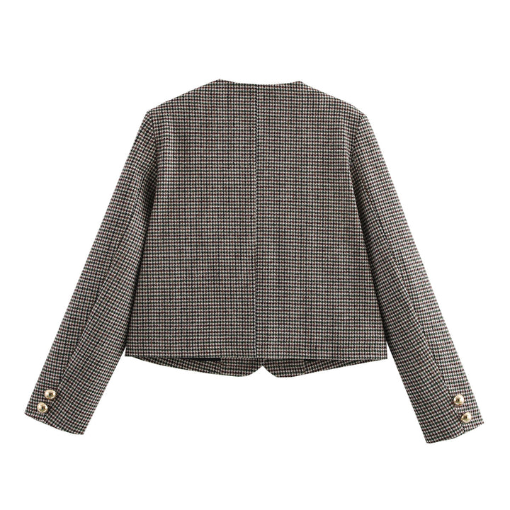 Women's tailored short jacket in houndstooth pattern with golden decorative buttons and angled pockets Mune Fashion