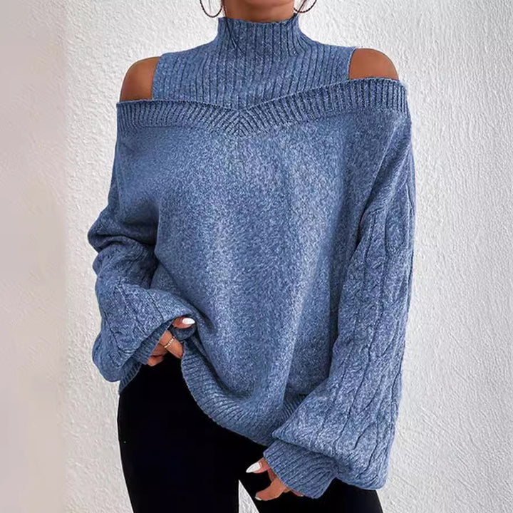 Women's off-the-shoulder knitted pullover with stand-up collar and cable-knit sleeves Mune Fashion