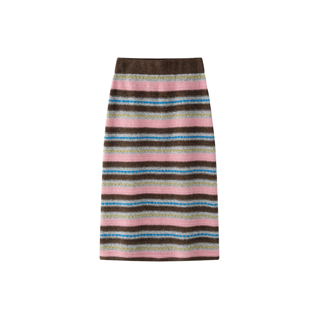 Women Striped Maxi Knit Skirt with High Waist and Fine Rib Structure Mune Fashion