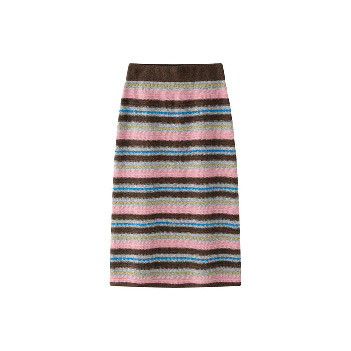 Women Striped Maxi Knit Skirt with High Waist and Fine Rib Structure Mune Fashion