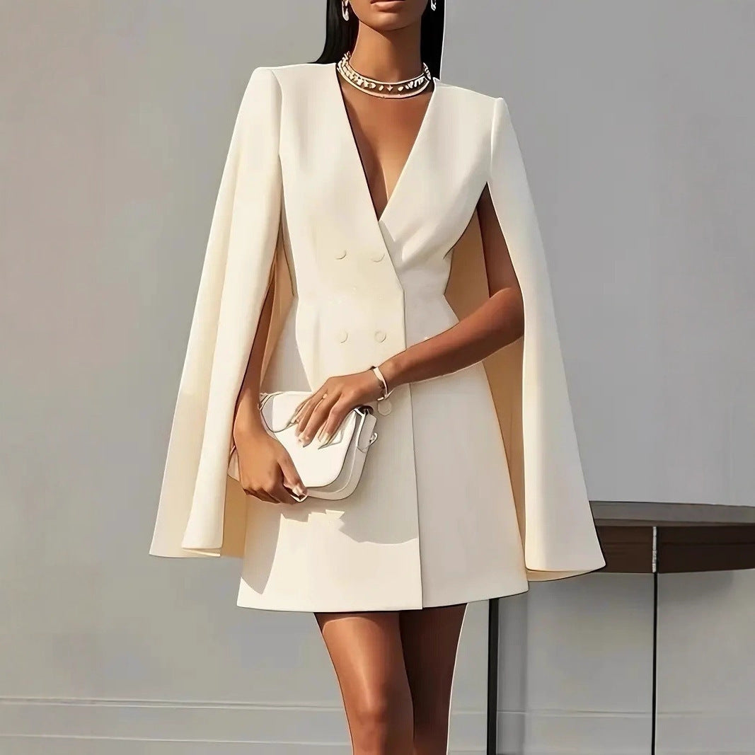 Women's Short Blazer Dress with Cape Sleeves and Double-Breasted Button Placket Drune