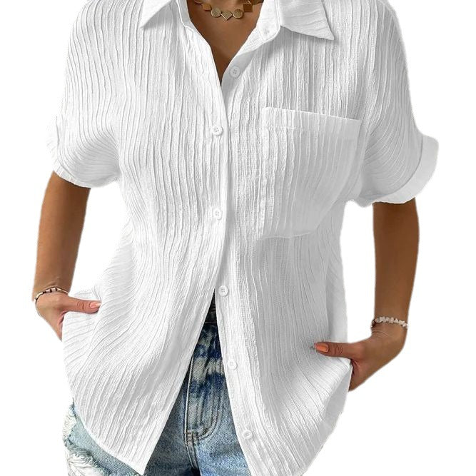 Women's crinkle effect shirt blouse with breast pocket, rolled sleeves and loose fit Mune Fashion