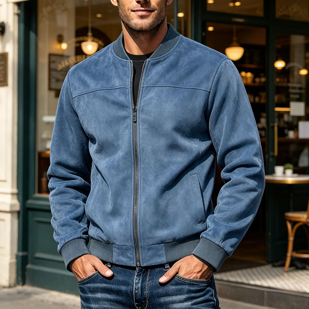 Men's Suede-Look Bomber Jacket with Zipper and Ribbed Cuffs Mune Fashion