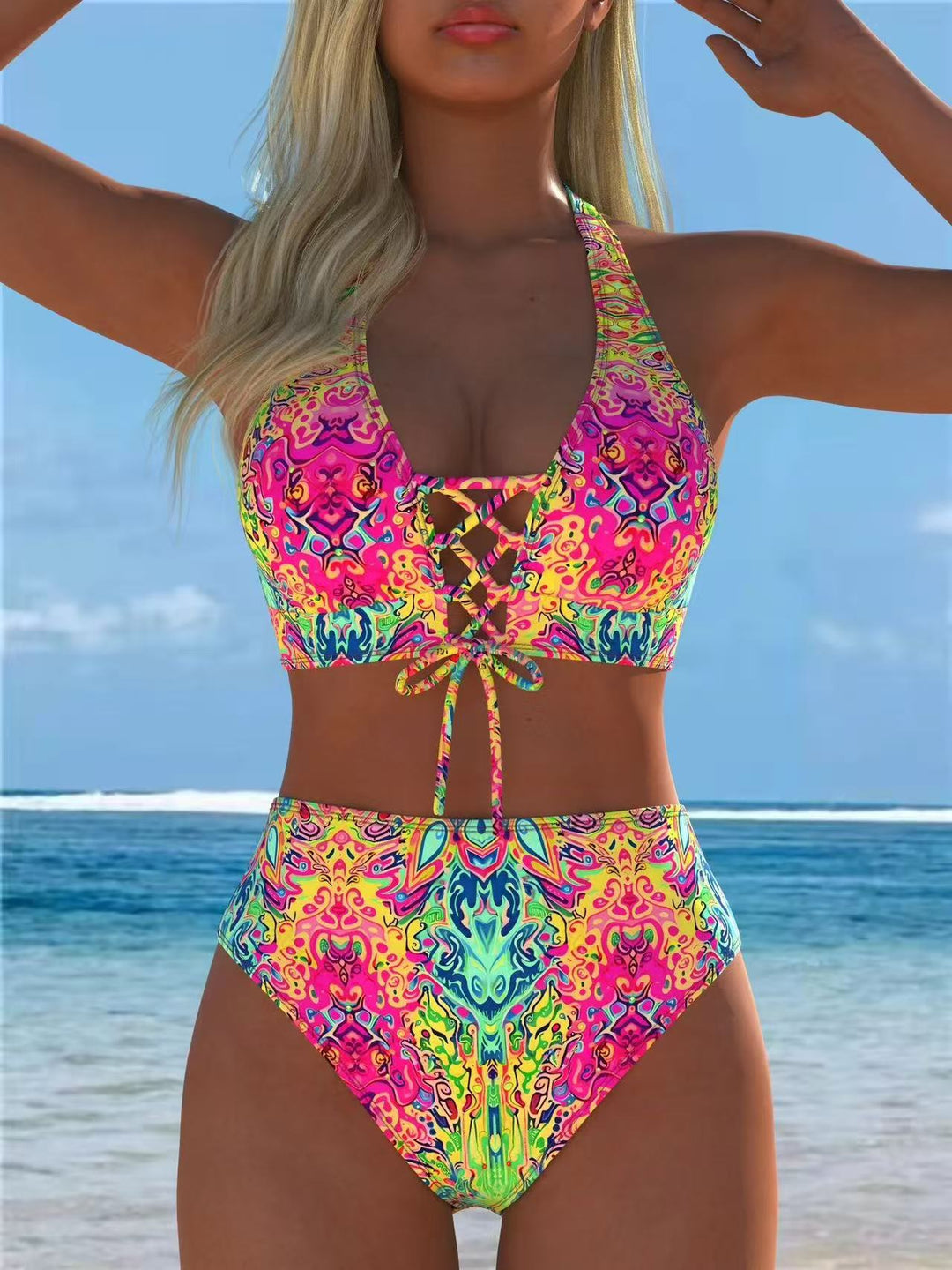 Women High-Cut Bikini with Elegant Lace-Up Detail Mune Fashion
