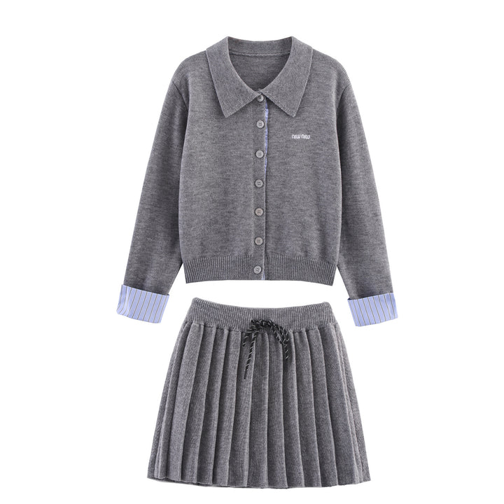 Women Two-Piece Fine Knit Set with Shirt Collar Cardigan and Pleated Skirt Mune Fashion
