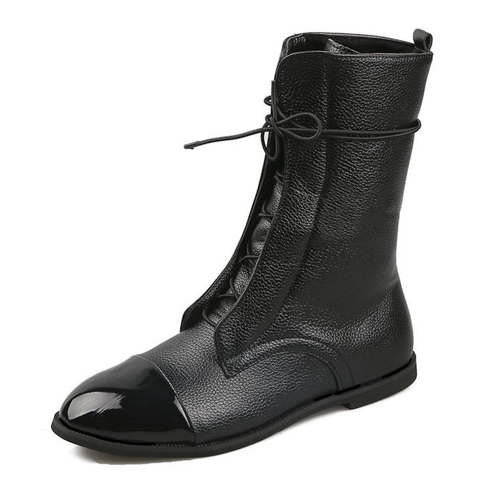 Women ankle-high lace-up boots with pointed toe design and textured leather look Mune Fashion