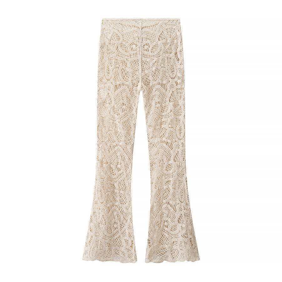 Ladies' crocheted flared pants with floral crochet pattern, elastic waistband, and partially lined inner leg Mune Fashion