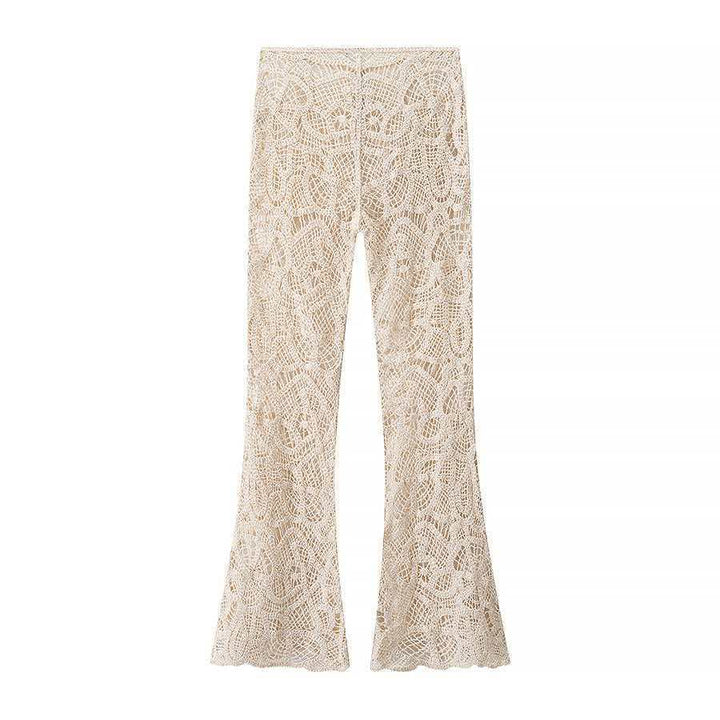 Ladies' crocheted flared pants with floral crochet pattern, elastic waistband, and partially lined inner leg Mune Fashion