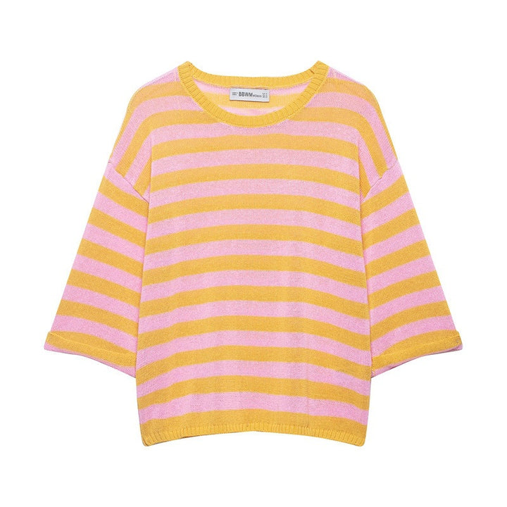 Women's Striped Oversized Knit Sweater with Wide Three-Quarter Sleeves and Round Neckline Mune Fashion