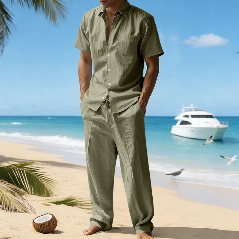 Men's resort-appropriate short-sleeve shirt with chest pocket and casual linen drawstring pants Mune Fashion