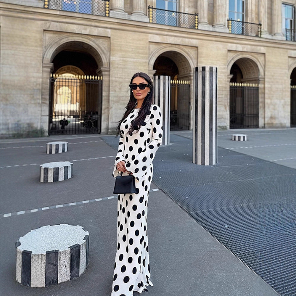 Women's Figure-Hugging Polka Dot Maxi Dress with Trumpet Sleeves & Round Neckline Mune Fashion