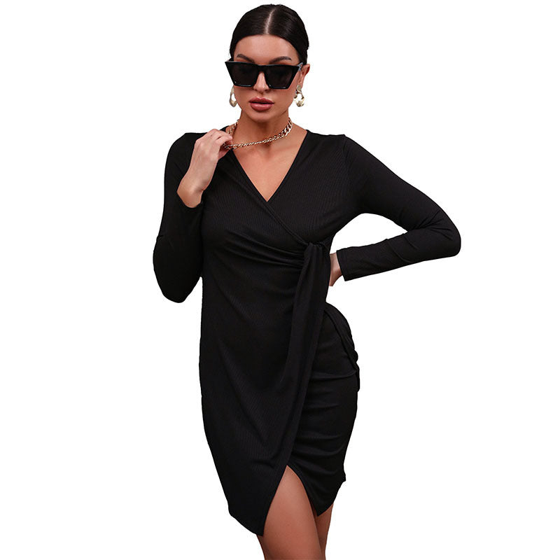 Women's Figure-Hugging Wrap Midi Dress with Draping, V-Neck and Asymmetrical Hem Mune Fashion
