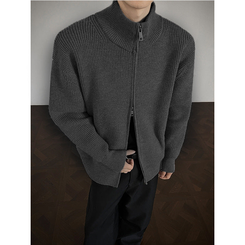 Unisex chunky knit zip jacket with stand-up collar and two-way zipper Mune Fashion