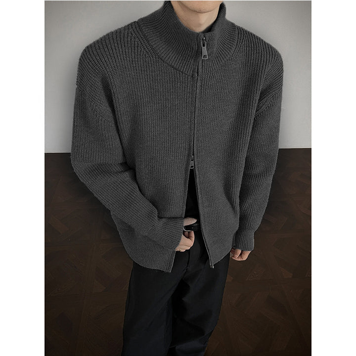 Unisex chunky knit zip jacket with stand-up collar and two-way zipper Mune Fashion