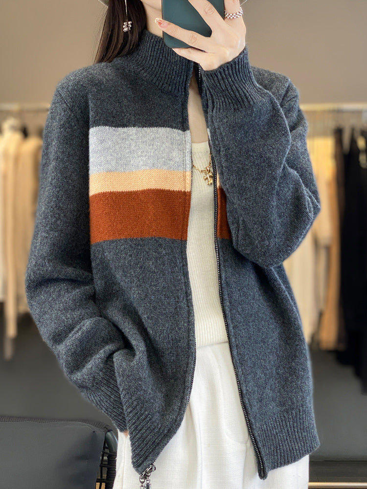 Ladies zip-up knitted cardigan made of soft wool blend with block stripes and ribbed hem Mune Fashion