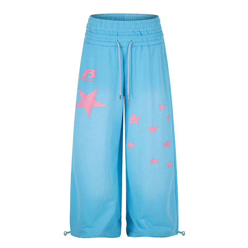 Ladies Wide High-Waist Palazzo Lounge Pants made of Stretch Jersey with Elastic Waistband, Drawstring, Adjustable Hem Cords and Star Print
