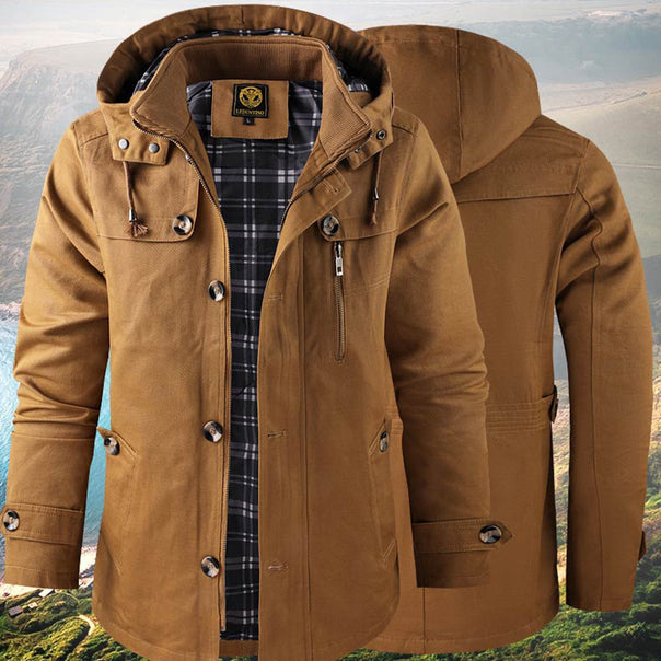 Men's hooded parka made of canvas with checked thermal lining, hidden zipper, and decorative button placket Mune Fashion