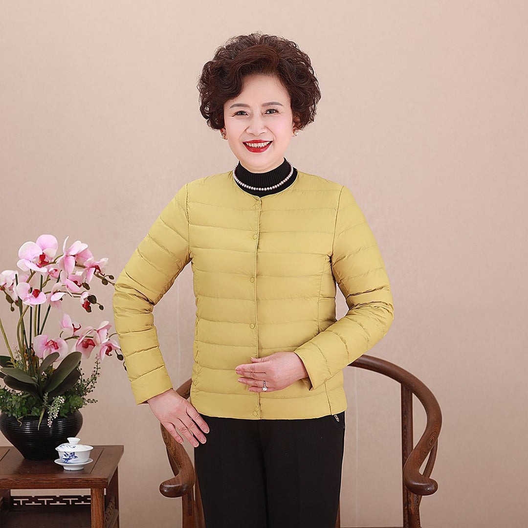 Women's Collarless Ultralight Quilted Short Jacket with Snap Button Closure Mune Fashion