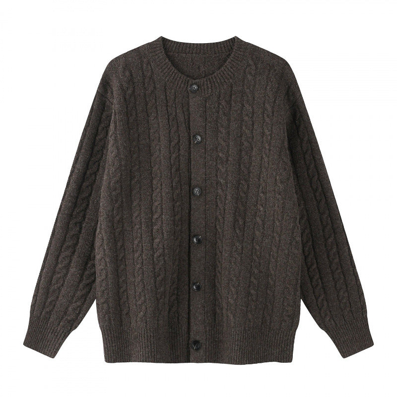Women's Chunky Knit Cable Knit Cardigan with Button Placket and Round Neck Mune Fashion
