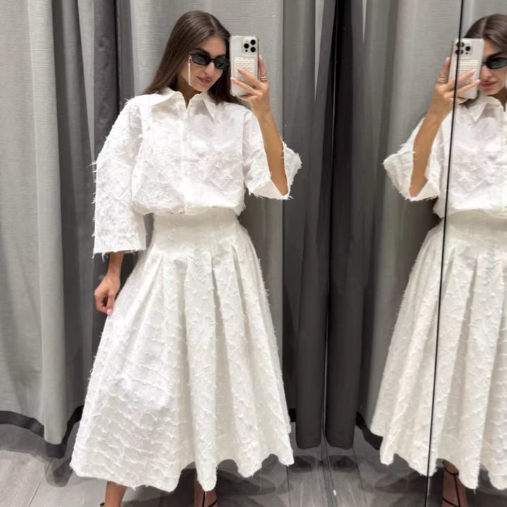 Ladies 300+ oversized structured blouse with fringe look and three-quarter sleeves Mune Fashion