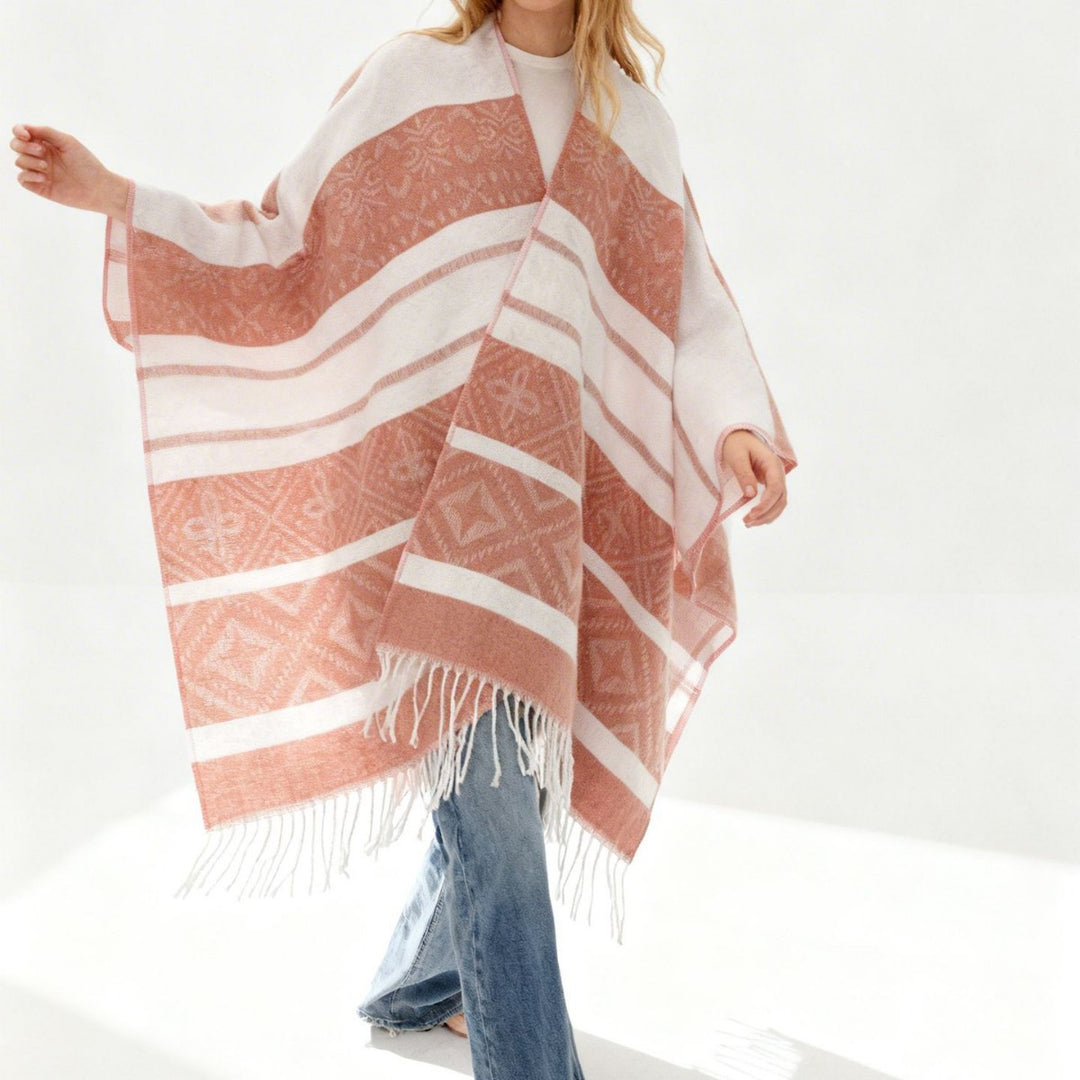 Women Oversize Cape with woven diamond jacquard, V-neck and fringe hem Mune Fashion