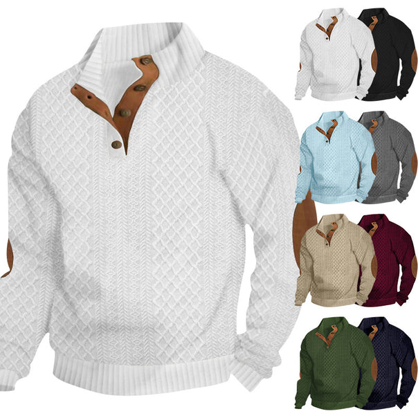 Men's upscale knit sweater with diamond pattern, high ribbed collar, buttoned placket, and leather trim on elbow. Mune Fashion