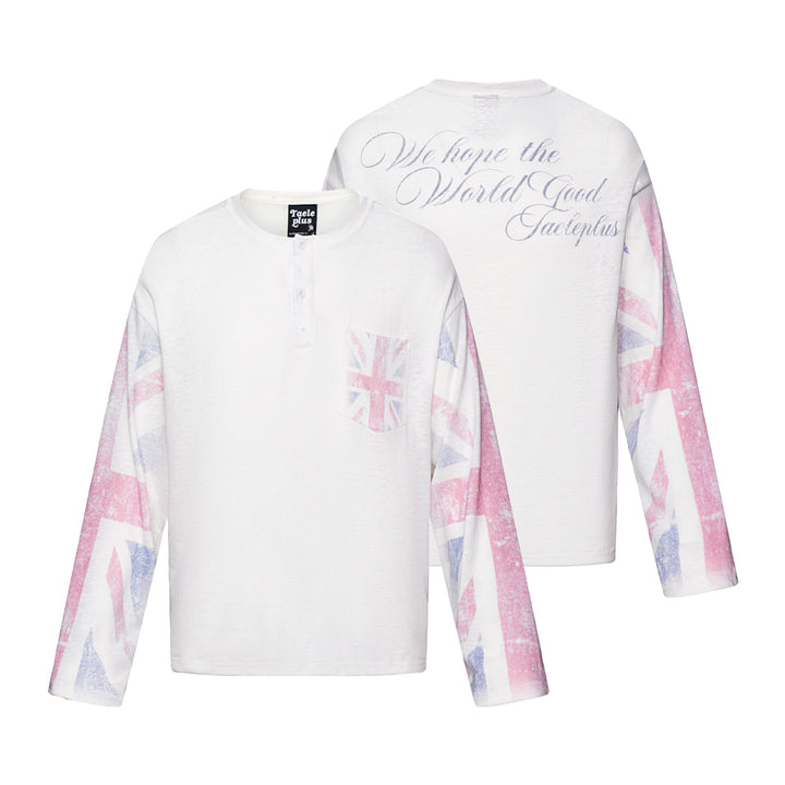 Unisex Long Sleeve Henley Shirt with Chest Pocket and Vintage Flag Print Mune Fashion