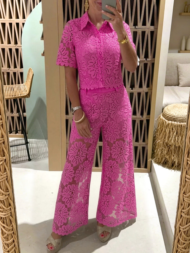 Women's elegant lace combination with short-sleeved blouse, scalloped hem, and tailored palazzo pants with tie belt Mune Fashion