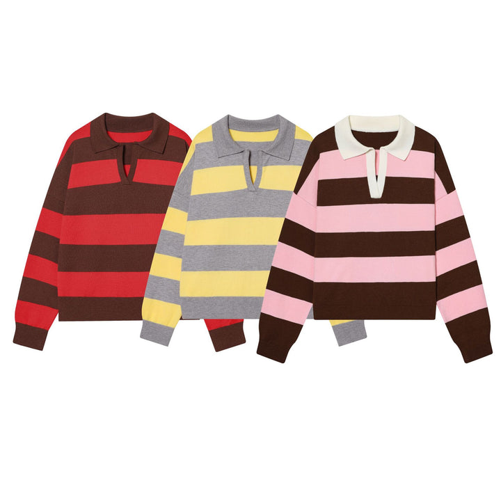 Women’s striped rugby pullover with polo collar and deep V-slit Mune Fashion