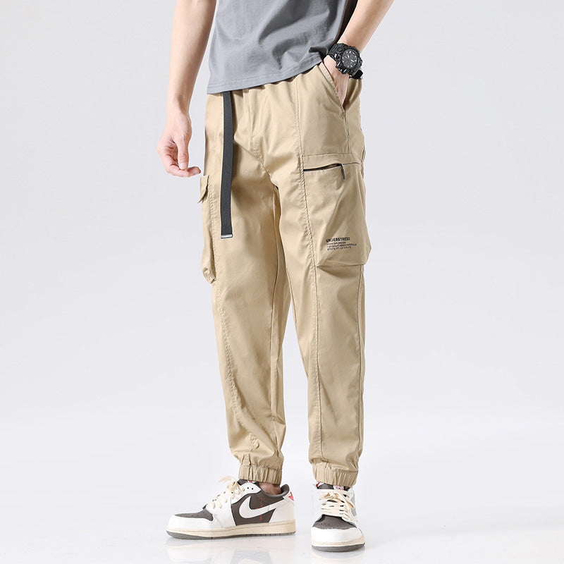 Men's Lightweight Utility Cargo Pants in Jogger Style with Integrated Belt Strap and Zipper Pockets Mune Fashion